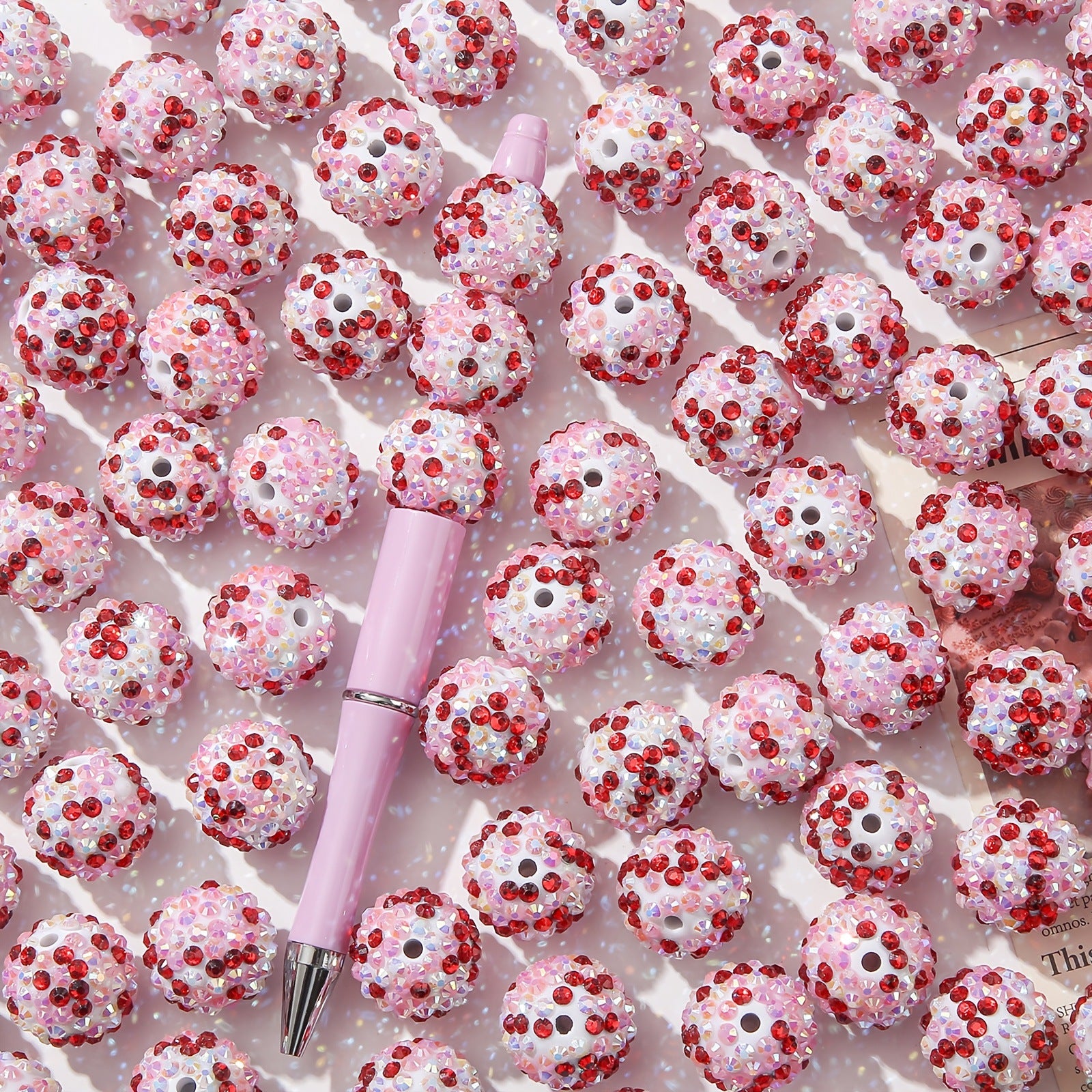 Rhinestone Bubblegum Beads 20mm Bright Red Pink Sparkle 10pcs 3