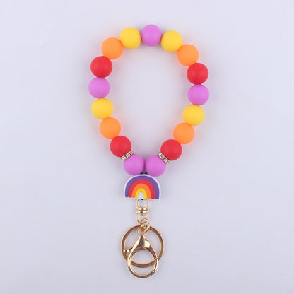 Rainbow Silicone Bead Wristlet Keychain with Rainbow Charm 14