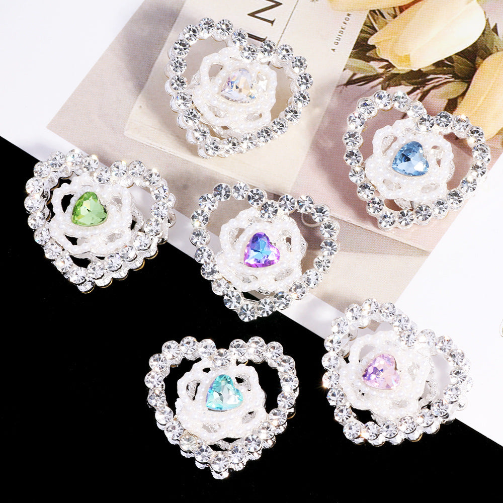 Hollow Floral Heart Rhinestone Beads 25mm Alloy Base 3pcs 9
