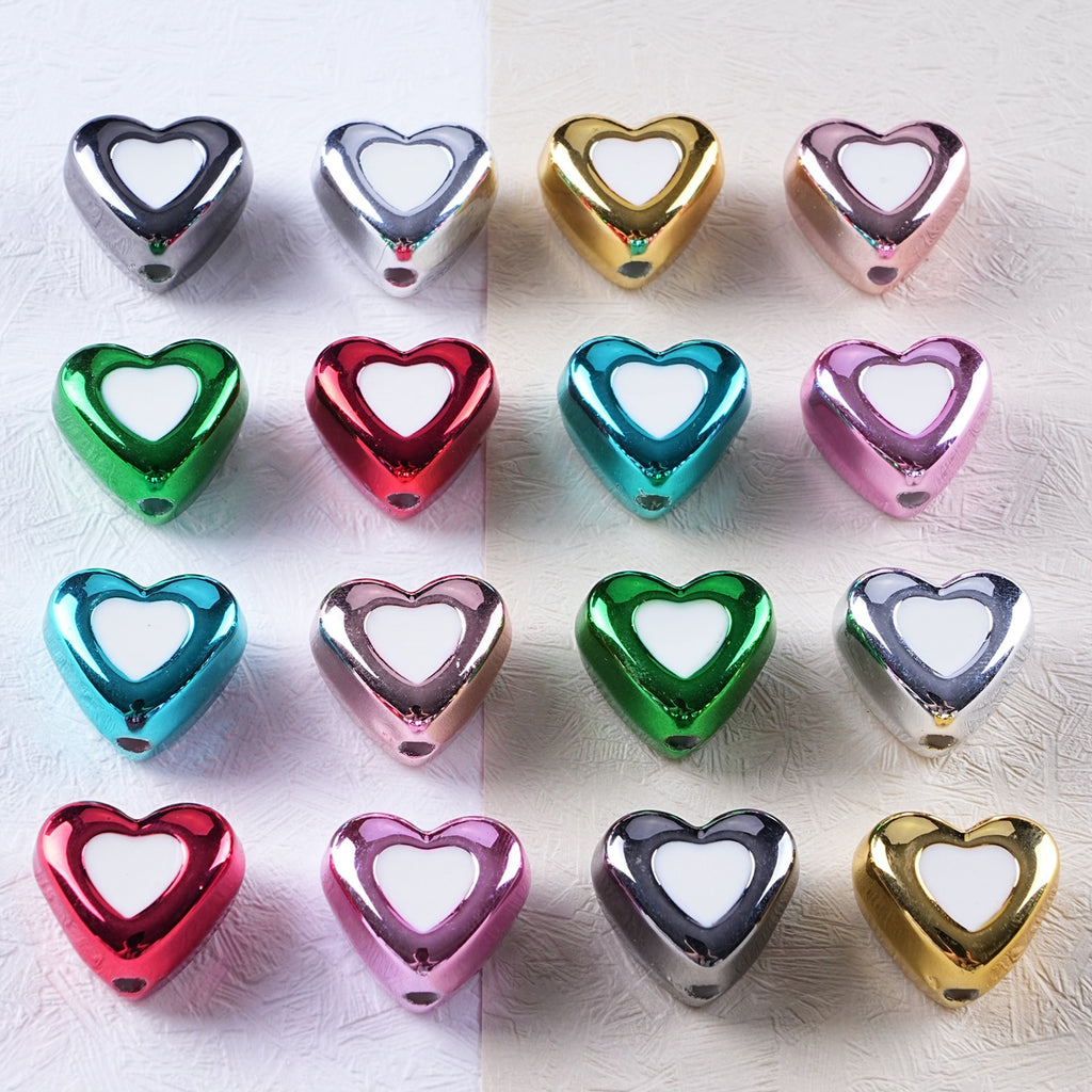 Metal Dual Color Heart Acrylic Beads 15mm Shiny Hollow 50pcs 2
