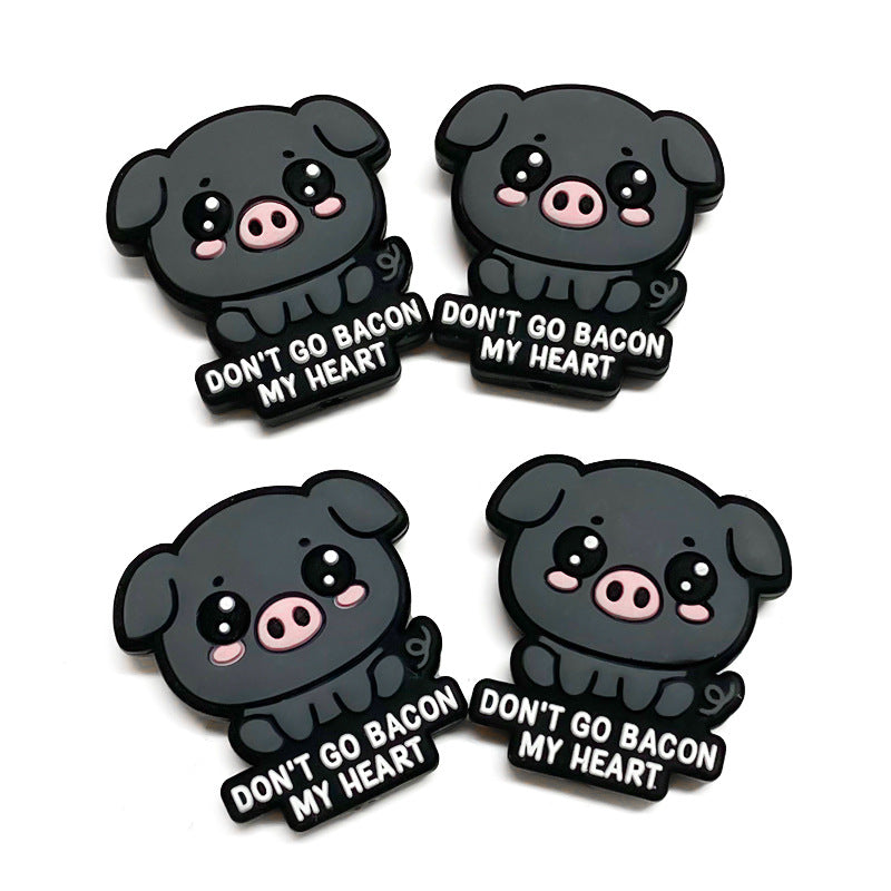 Silicone Focal Beads Black Pig With Don Go Bacon My Heart Text 20pcs 4