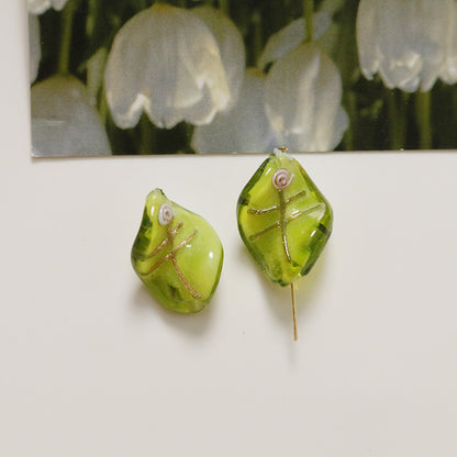 Lampwork Glass Beads Leaf 22mm Handmade Distressed Curled 4pcs 17