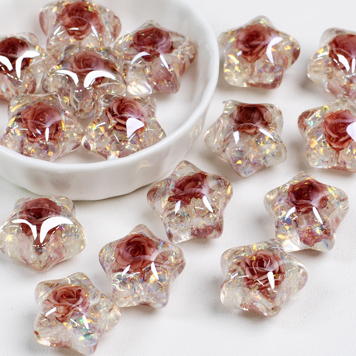 Glitter Rose Star Resin Beads 22mm Sparkle Mixed Colors 10pcs 16