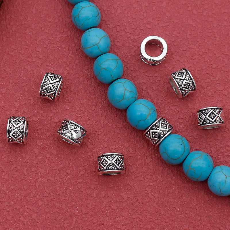 Rhombus Tube Metal Beads 7mm Tibetan Large Hole Vintage Silver Tone 100pcs 2