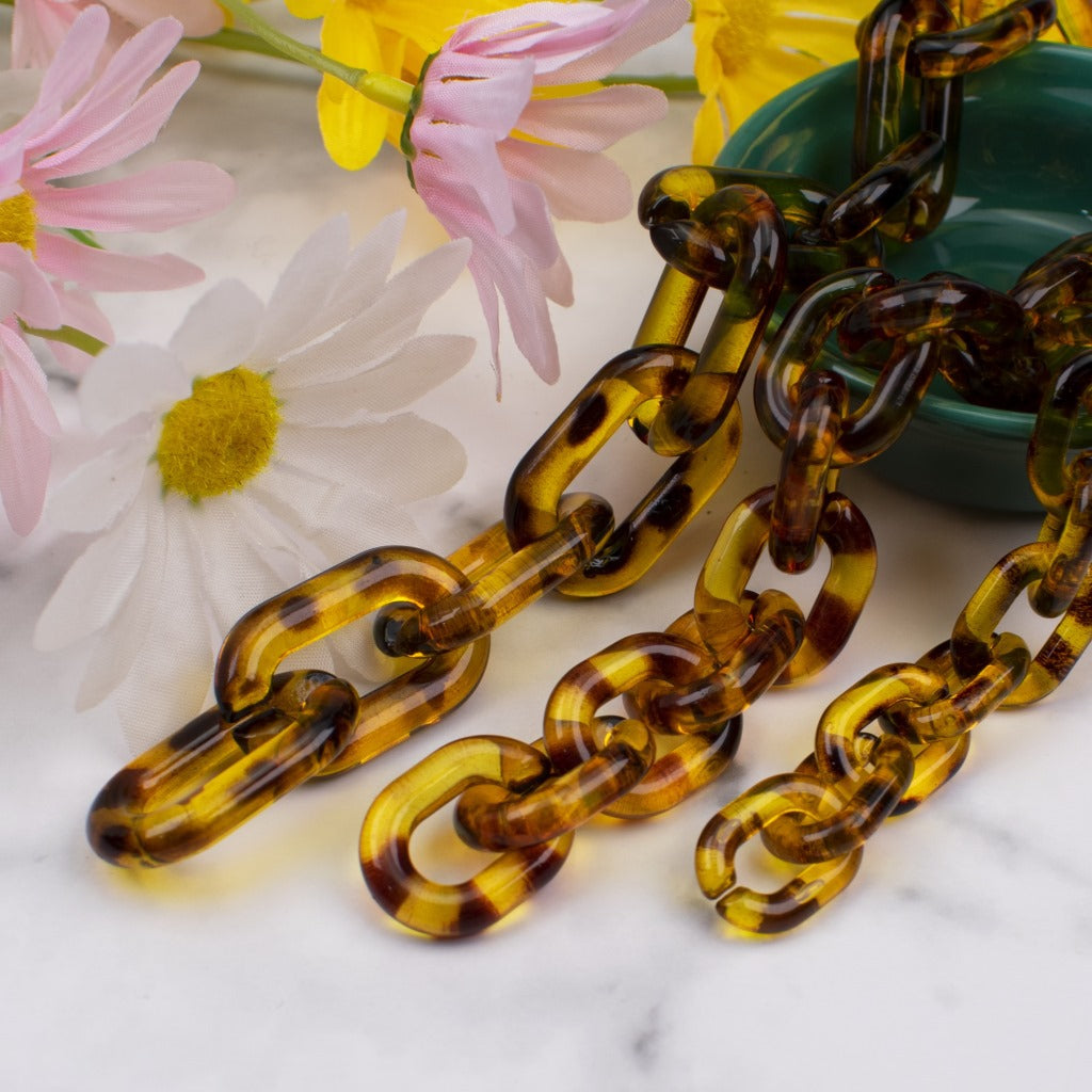 Plastic Leopard Print Open Chain Links 23mm Transparent Amber 100pcs 4