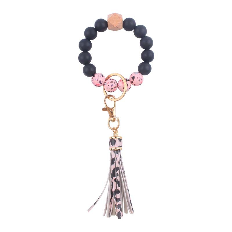 Silicone Beaded Wristlet Keychain with PU Tassel and Wood Accent 8