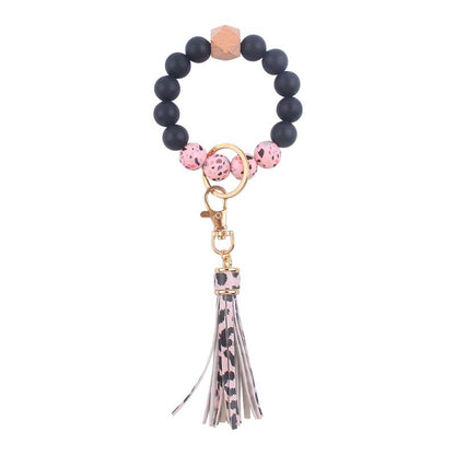 Silicone Beaded Wristlet Keychain with PU Tassel and Wood Accent 8