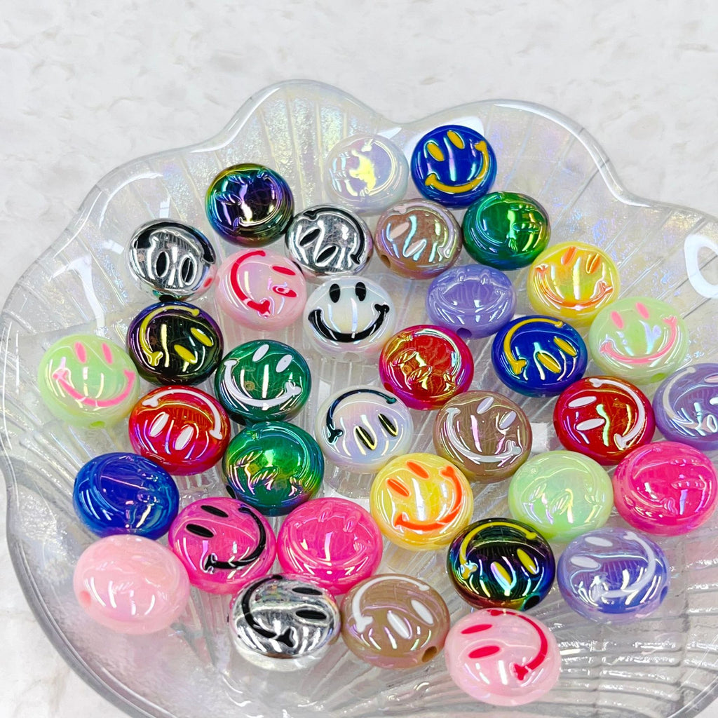 UV Plating Flat Round Acrylic Beads 15mm Glossy Smiley Face 1pc 2