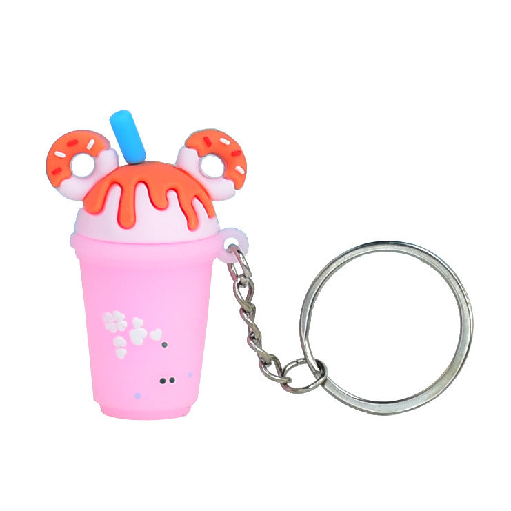 Soft Rubber Milk Tea Drink Keychain with Donut Ears and Dripping Tops 5
