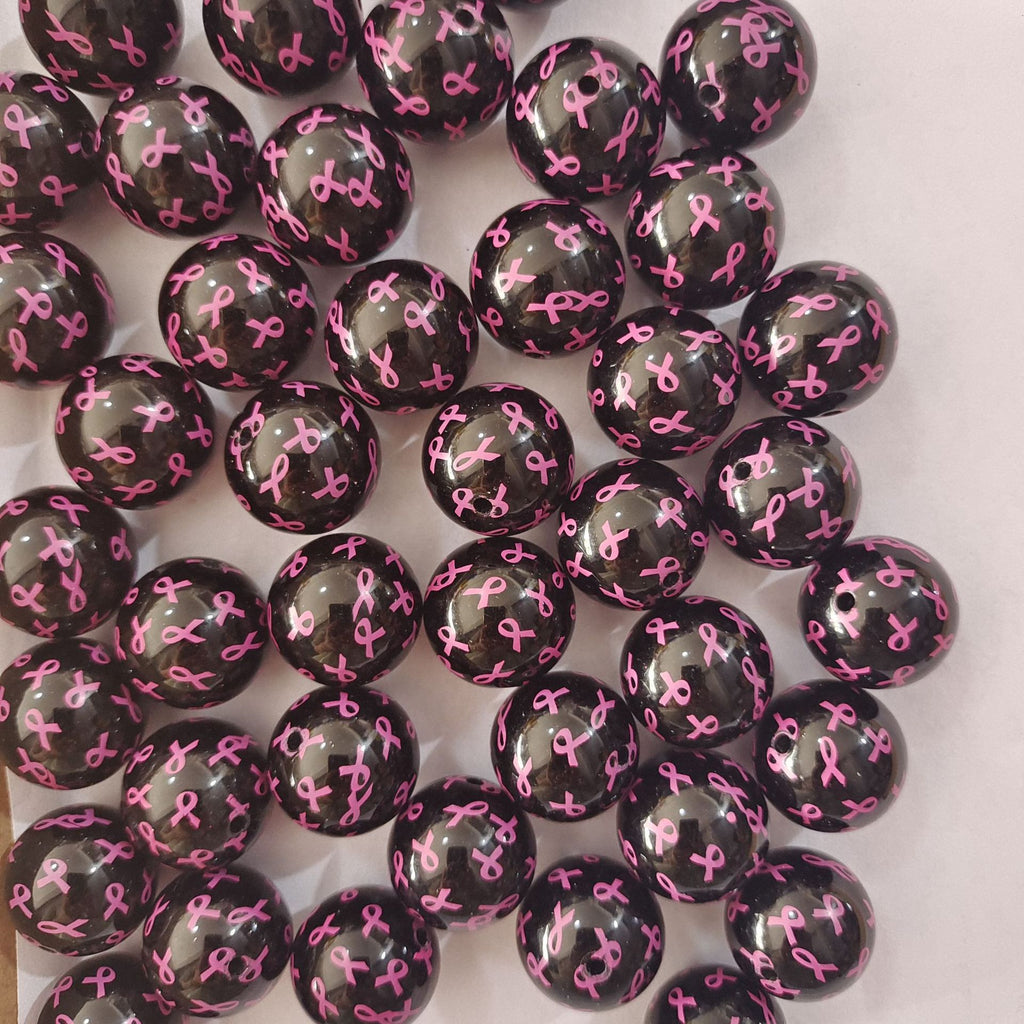 Printed Bubblegum Beads 20mm Black Pink Ribbon Glossy Acrylic 10pcs 3
