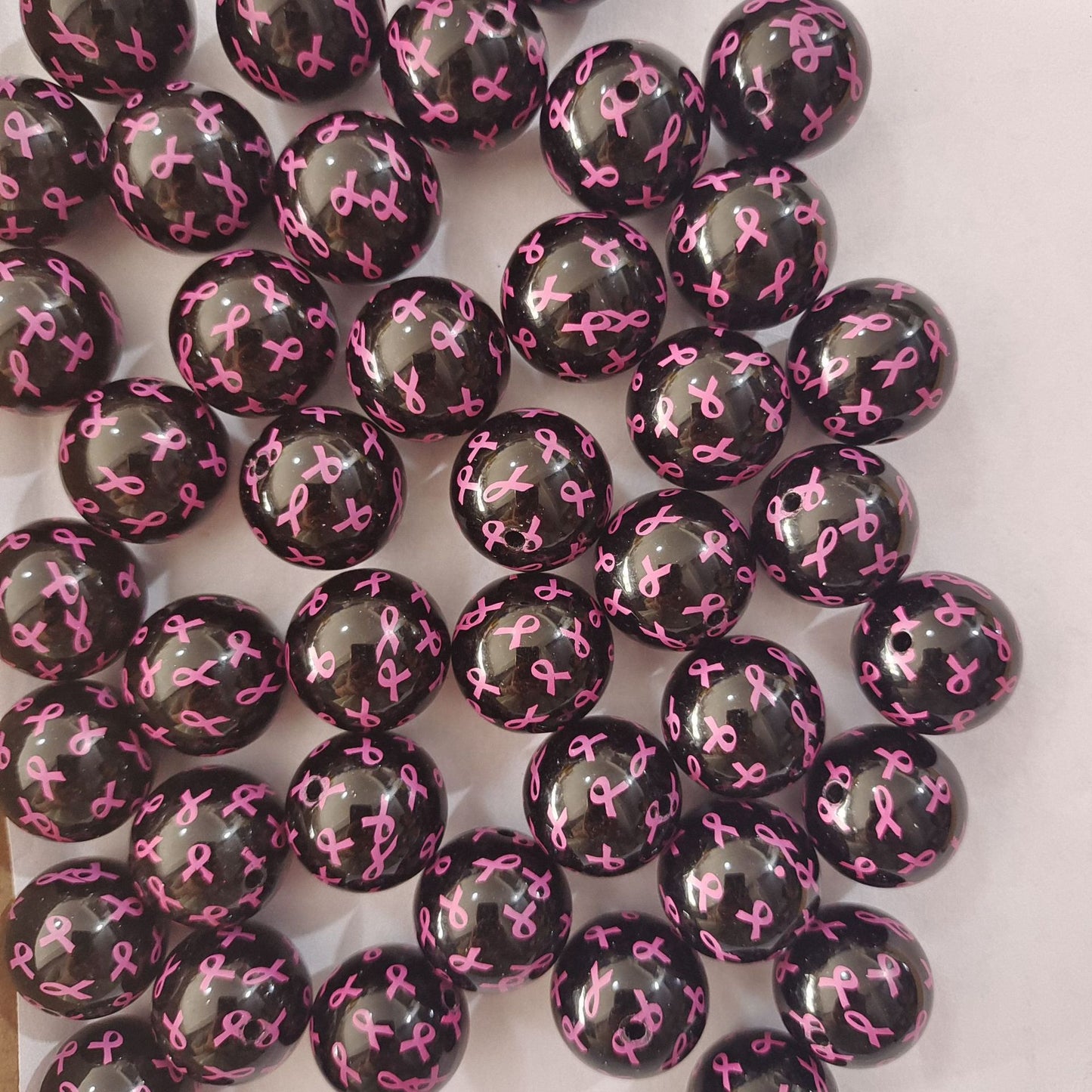 Printed Bubblegum Beads 20mm Black Pink Ribbon Glossy Acrylic 10pcs 3