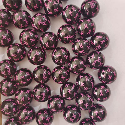 Printed Bubblegum Beads 20mm Black Pink Ribbon Glossy Acrylic 10pcs 3