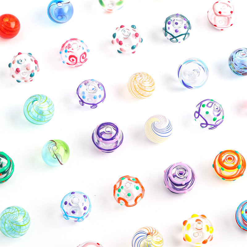Hand Painted Hollow Polka Dotted Blown Glass Beads 14mm 4pcs 5