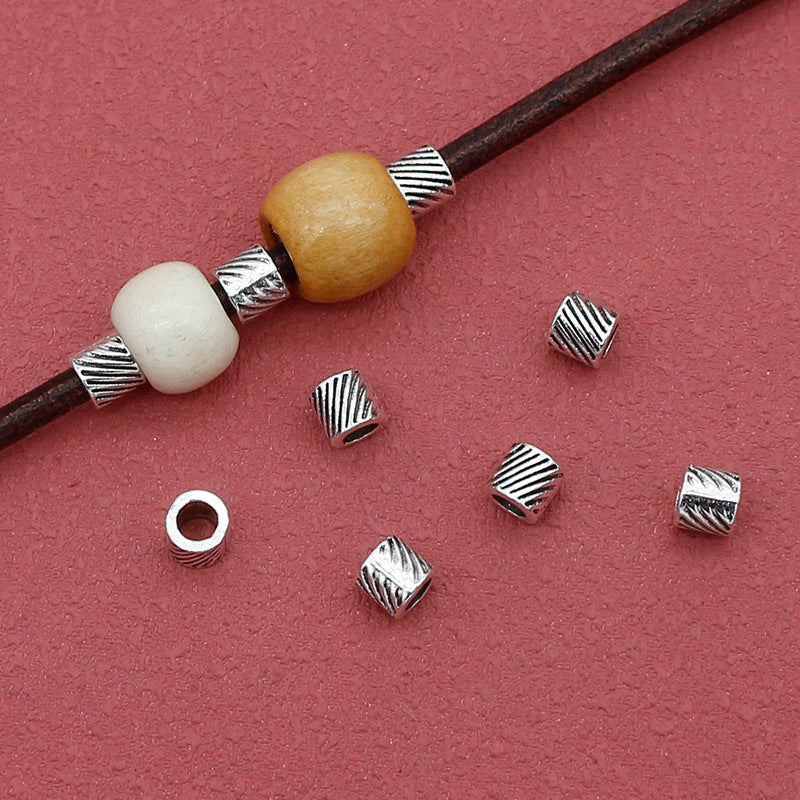 Tube Metal Beads 5mm Diagonal Patterned Tibetan Silver Tone Large Hole 100pcs