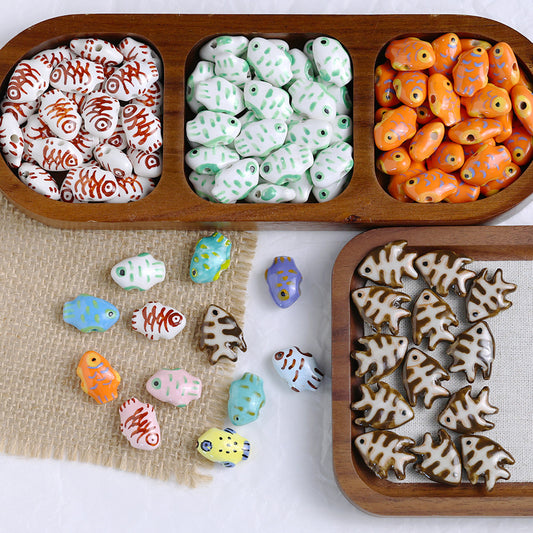 Hand Painted Fish Ceramic Beads Vintage Multicolor 5pcs