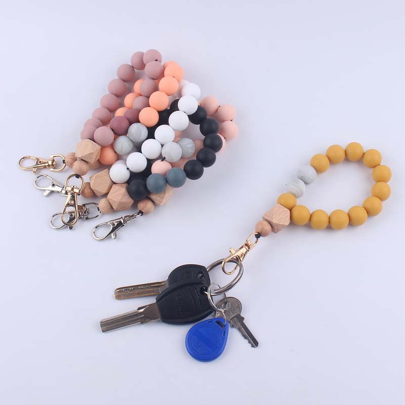 Wood Hexagon Silicone Bead Wristlet Keychain Natural Pastel Colors 2