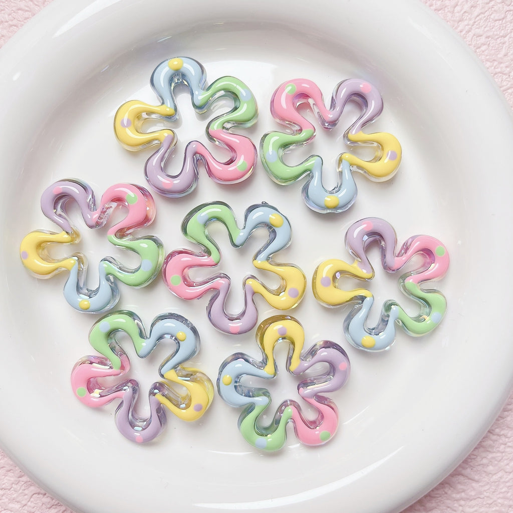 Hand Painted Flower Acrylic Beads 34mm Pastel Wave Dot 5pcs 2