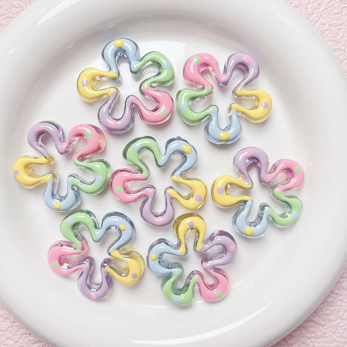Hand Painted Flower Acrylic Beads 34mm Pastel Wave Dot 5pcs 2