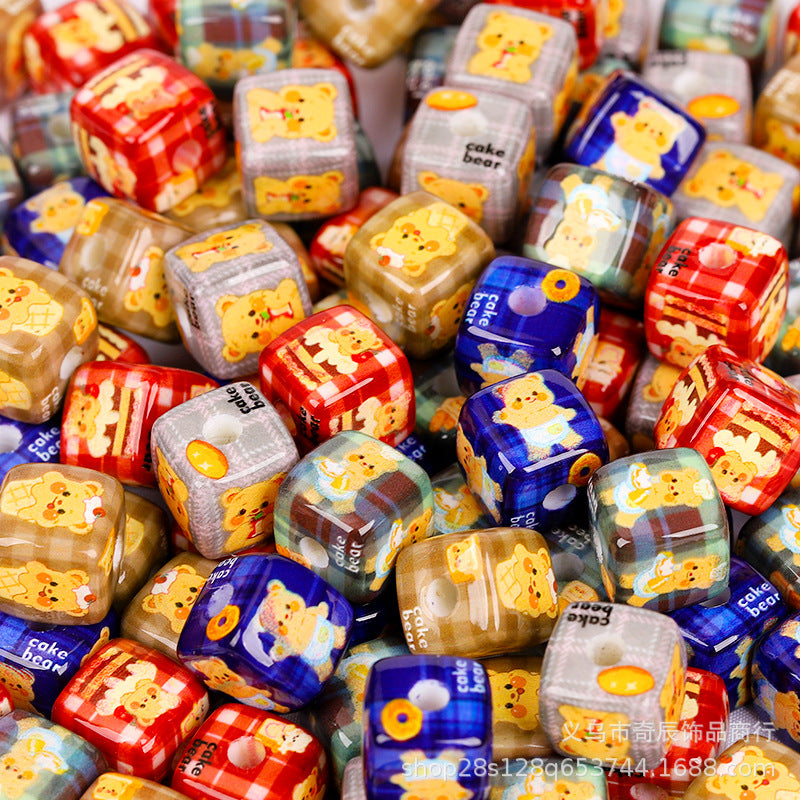 Vintage Plaid Butterbear Printed Acrylic Square Beads 14mm 10pcs 3
