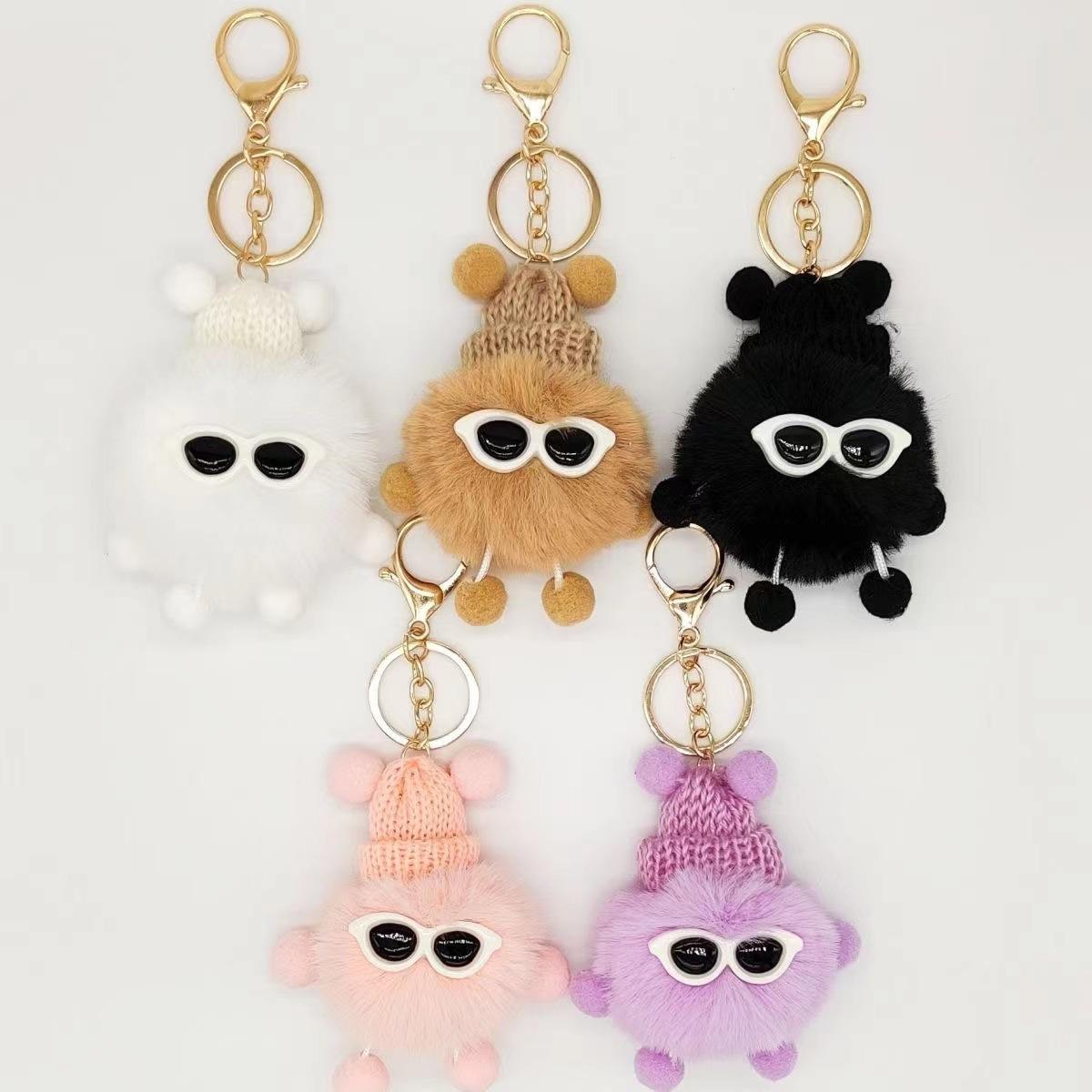 Fluffy Pom Pom Monster Doll Keychain with Sunglasses and Knitted Hat