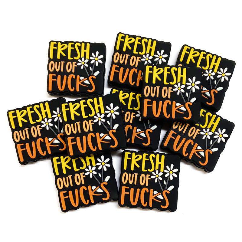 Silicone Focal Beads Fresh Out Of Fucks Bold Yellow Lettering Daisy Design 20pcs 4