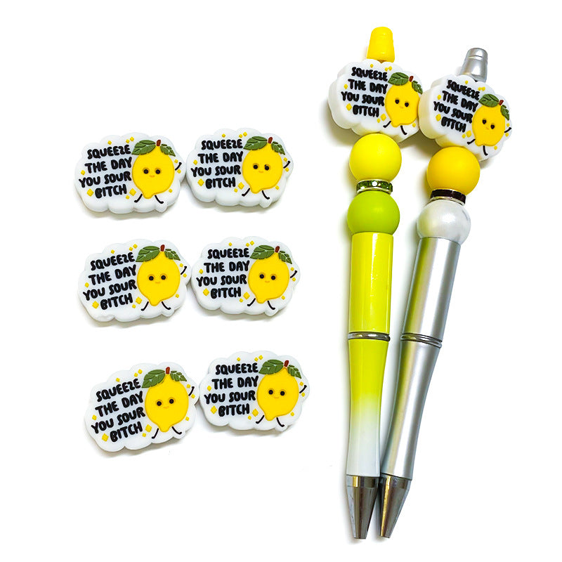 Silicone Focal Beads Lemon Character With Squeeze The Day Text 20pcs 4