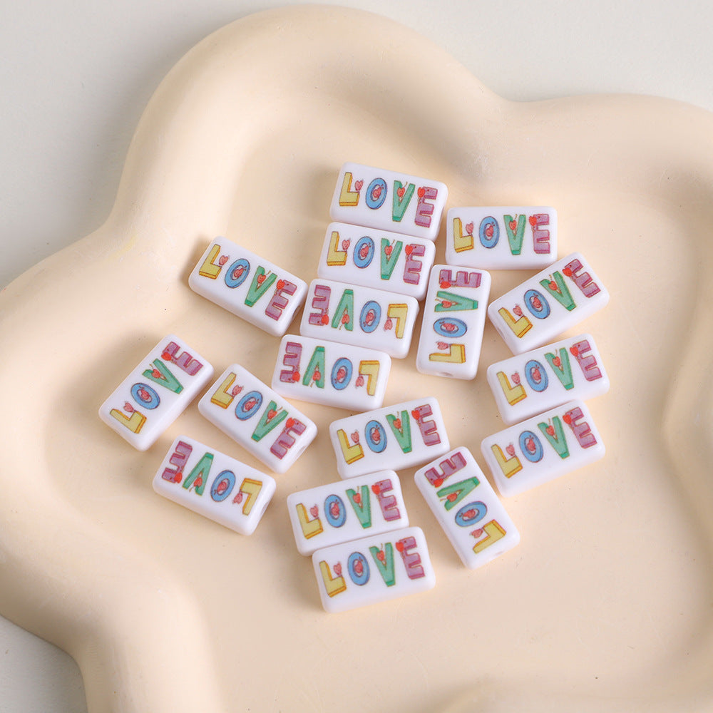 Rectangular Acrylic Beads 19mm Glossy Love Slogan Printed 20pcs 2