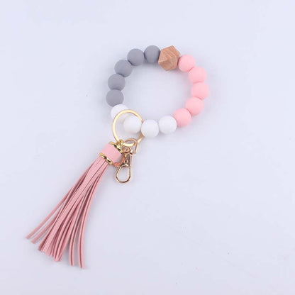 Octagonal Silicone Bead Wristlet Keychain Matte Beech Wood Tassel 14