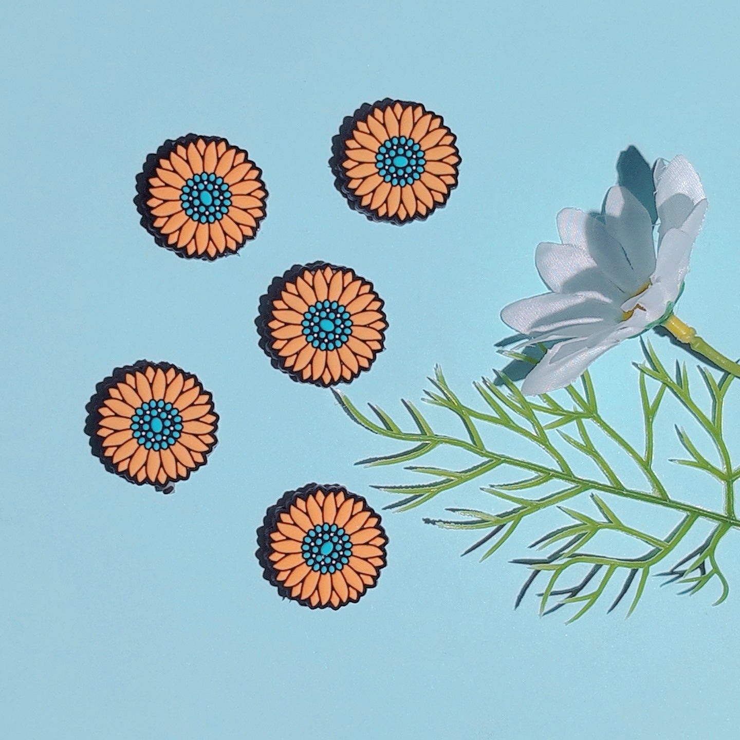 Silicone Focal Beads Sunflowers Orange Petals Turquoise Center 20pcs 3