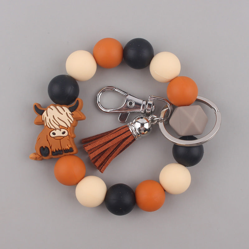 Silicone Beaded Yak Wristlet Keychain with Faux Leather Tassel 6