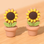 Silicone Focal Beads Sunflower Flowerpot Brown Pot Yellow Flower 20pcs 6