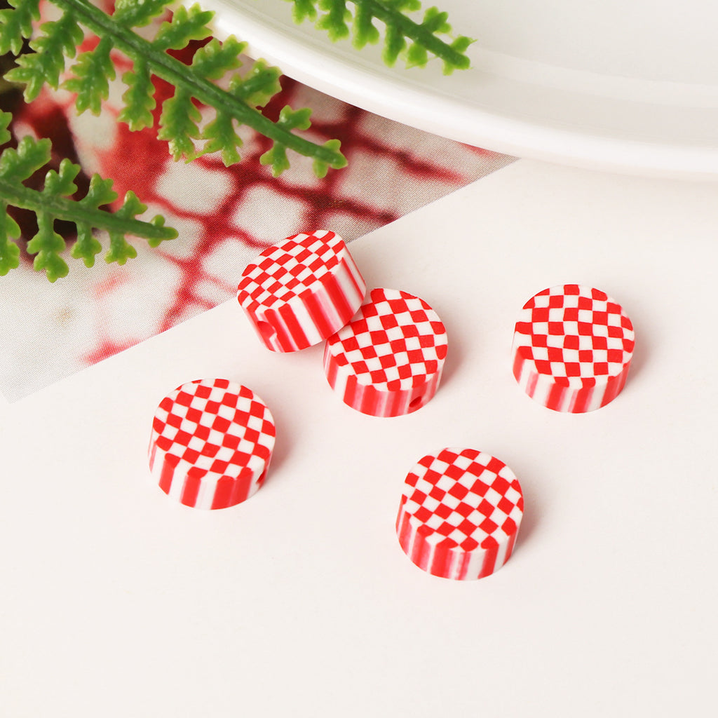 Flat Clay Beads 9mm Red Checkered Pattern Polymer 100pcs 4