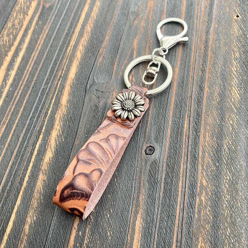 Vintage Embossed Leather Lanyard Keychain Genuine Cowhide 14cm 2pcs 3