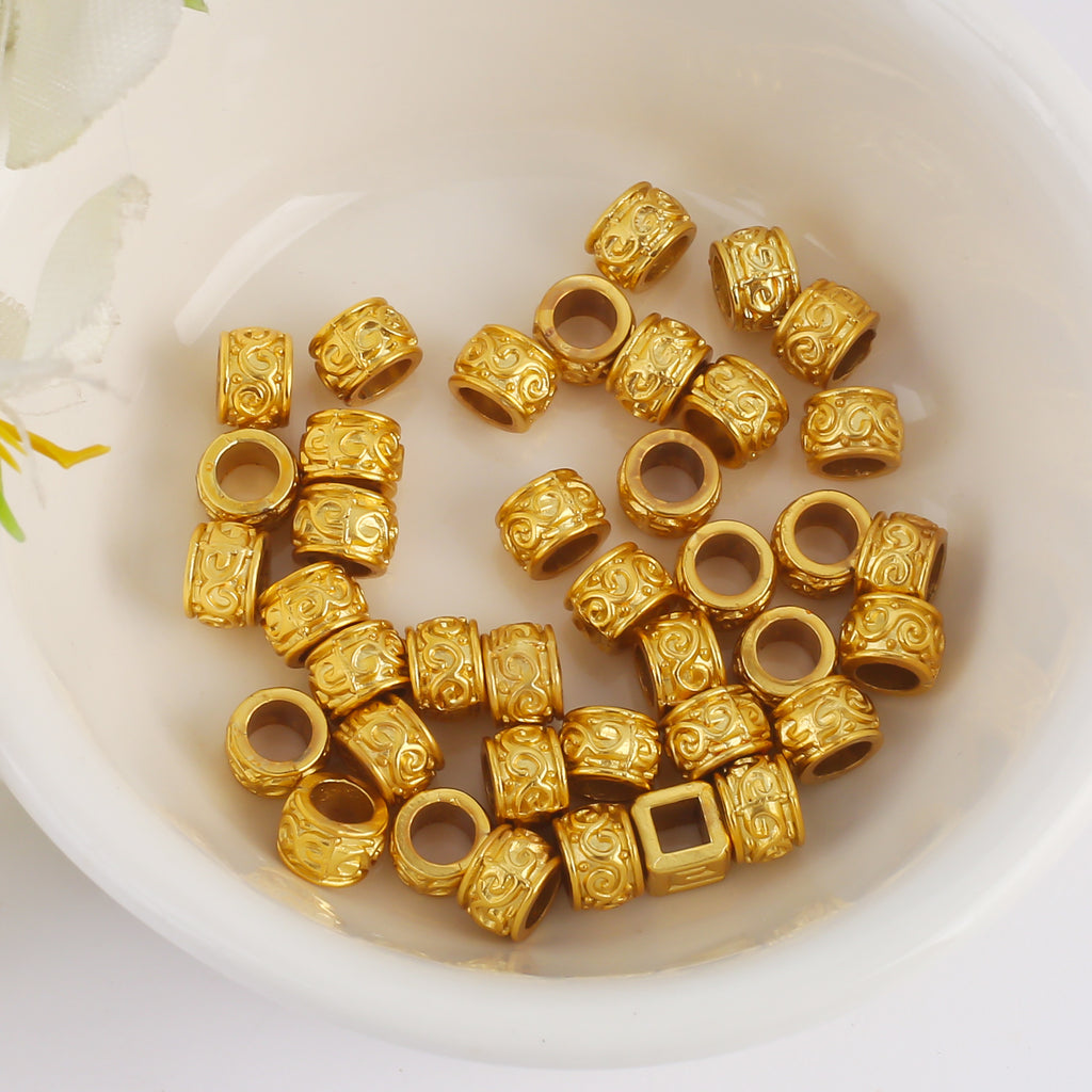 Brass Tube Metal Beads 6.5mm Tibetan Patterned Large Hole 100pcs