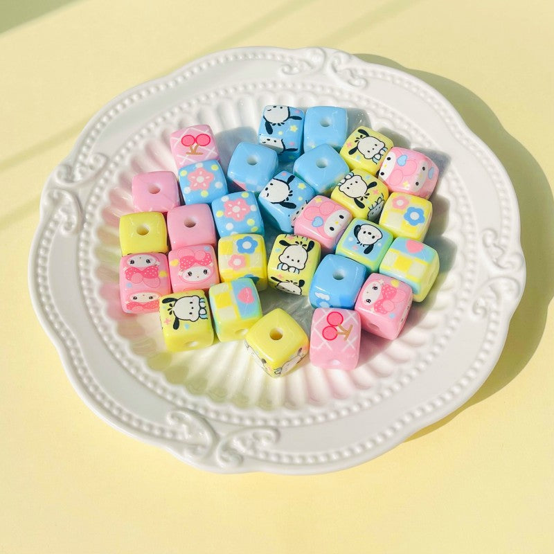 Printed Acrylic Square Beads 15mm Sanrio Pastel Colors 10pcs 4
