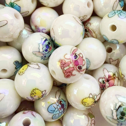 Plating Round Acrylic Beads 16mm Cute Cartoon Print 50pcs 7