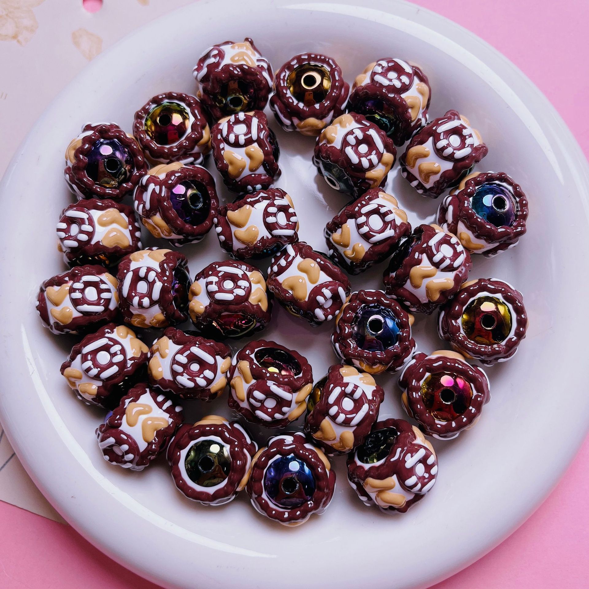 Hand-Painted Cake Acrylic Beads 16mm Glossy Brown Swirls 5pcs 6