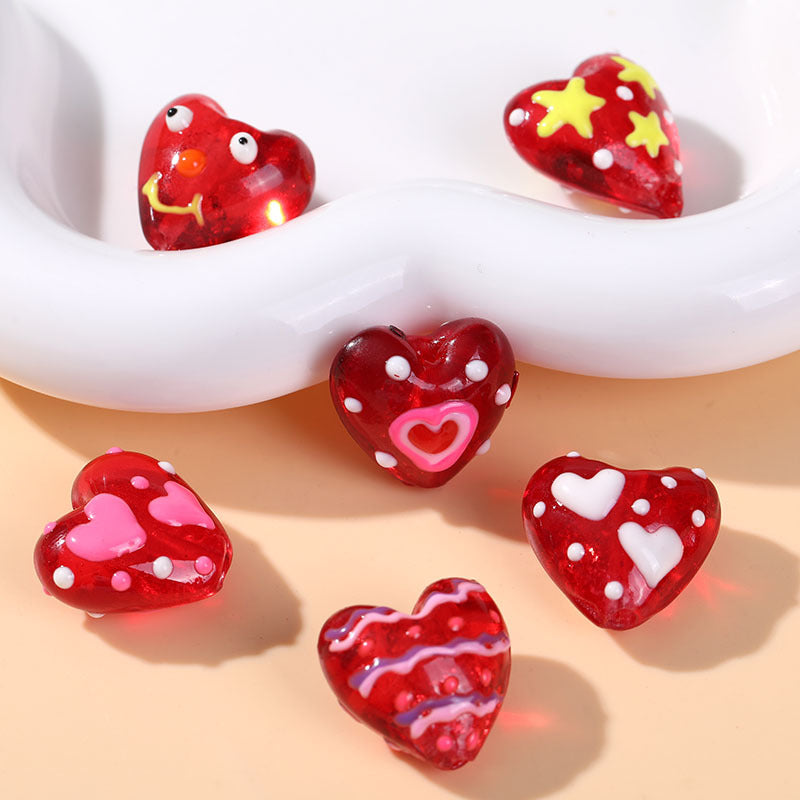 Hand Painted Heart Glass Beads 20mm Red Enamel 2pcs 4