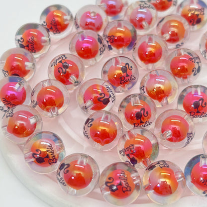 Plating Acrylic Beads 16mm Barbie Printed Colorful Mixed 50pcs 8