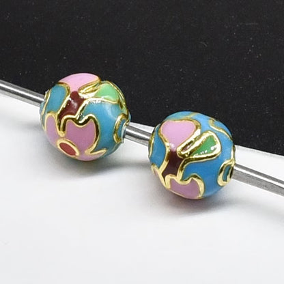 Flower Leaf Pattern Metal Beads 6/8/10mm Colorful Cloisonne Enamel 10pcs 34