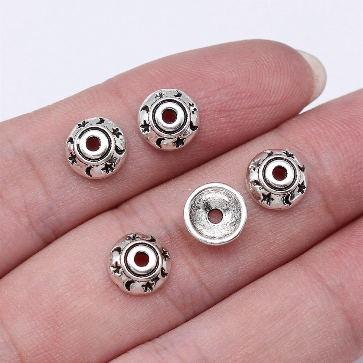 Alloy Star Moon Pattern Bead Caps 8mm Antique Silver 100pcs