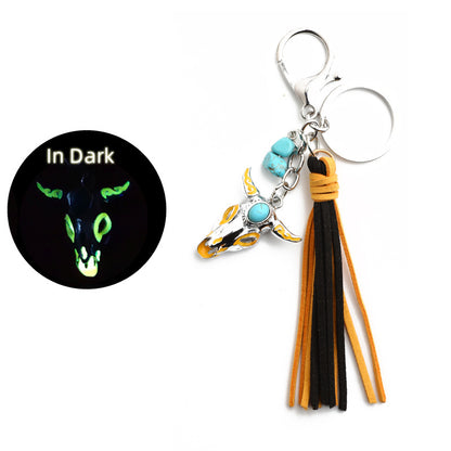 Western Glow in the Dark Ox Skull Keychain Metal Turquoise Tassel 6