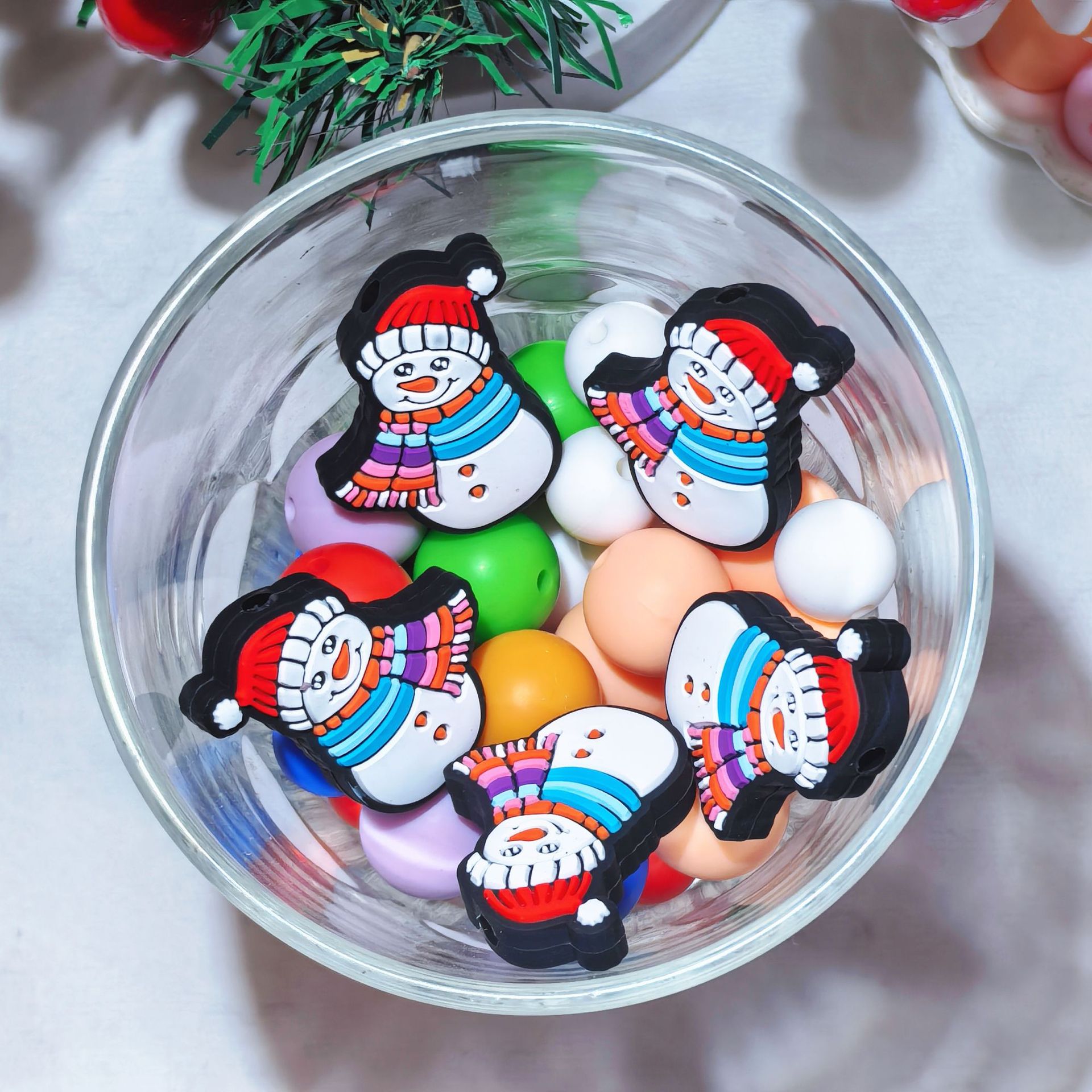 Silicone Focal Beads Christmas Snowman Wearing Scarf 20pcs