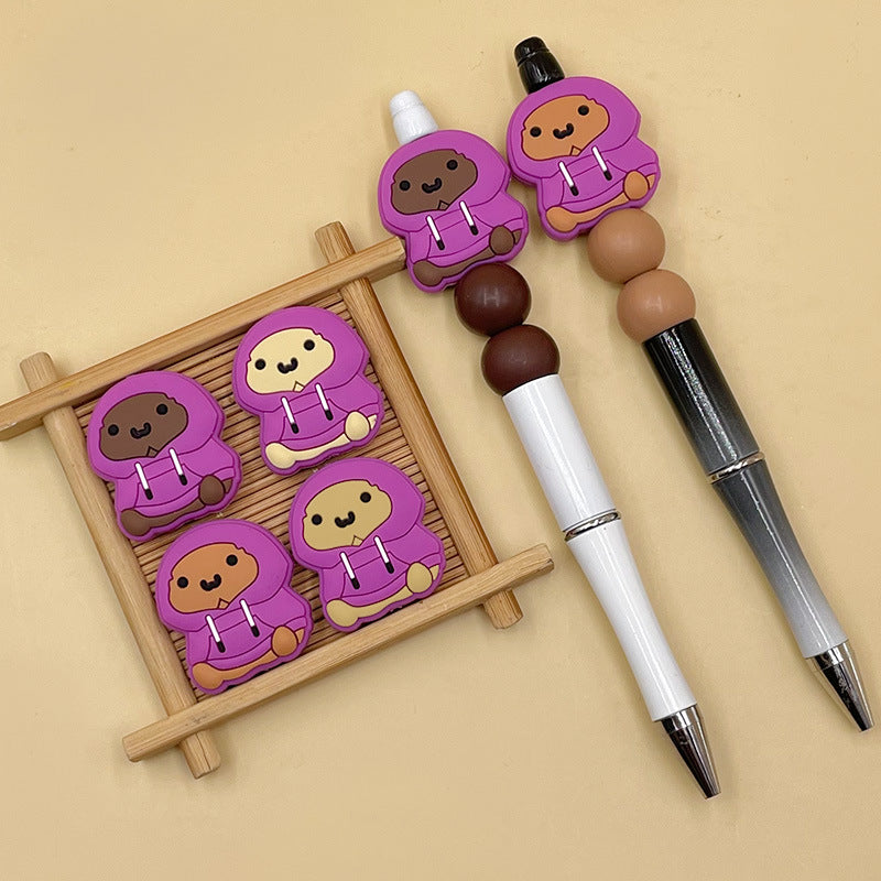 Silicone Focal Beads Cartoon Chicken Wearing Purple Hoodie 20pcs