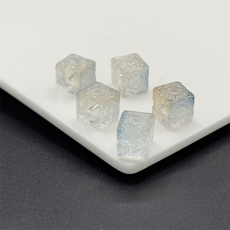 Carving Square Glass Beads 14mm Transparent Pastel Mixed 100pcs 3