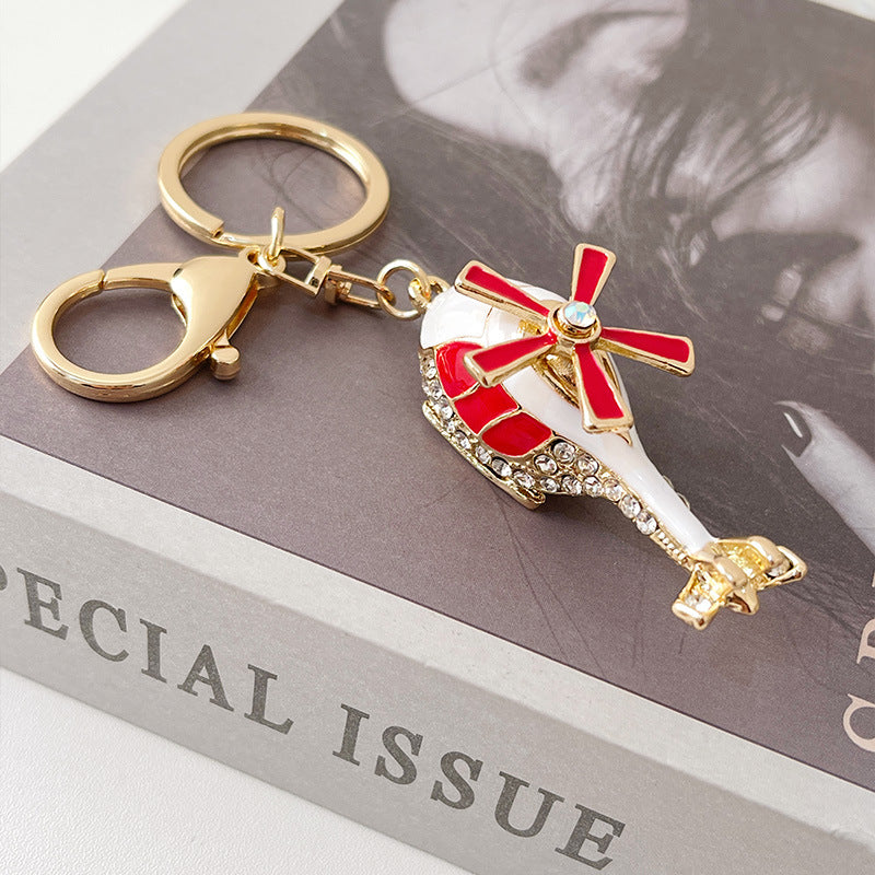 Metal Rhinestone Helicopter Keychain Gold Red Blades 6