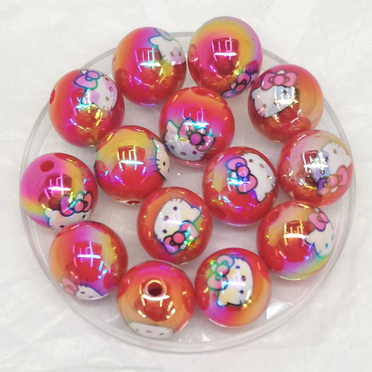 UV Plating Round Acrylic Beads 16mm Hello Kitty Printed 100pcs 7