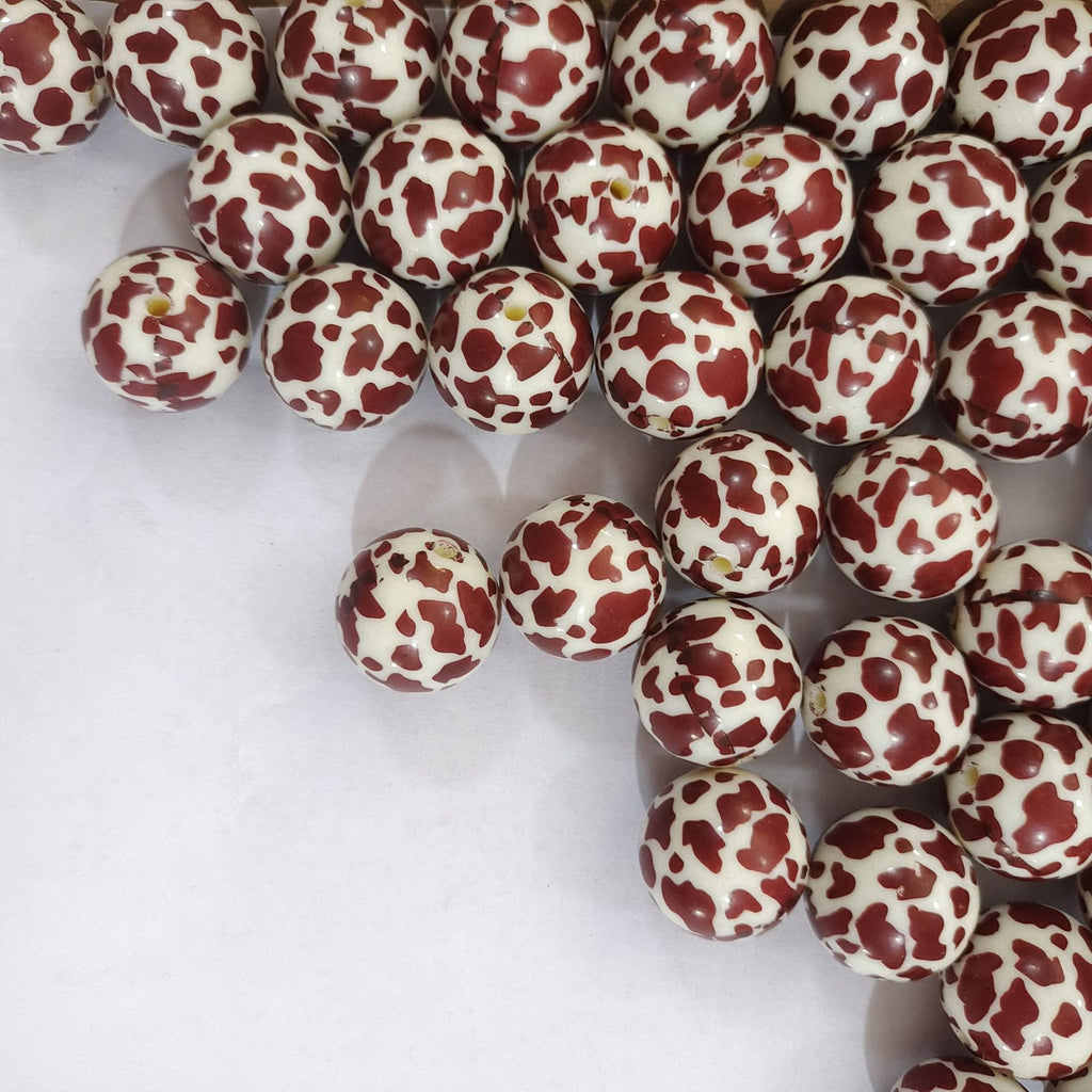 Coffee Colored Bubblegum Beads 20mm Cow Pattern Acrylic 10pcs