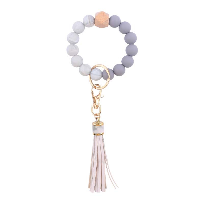 Silicone Beaded Wristlet Keychain with PU Tassel and Wood Accent 19