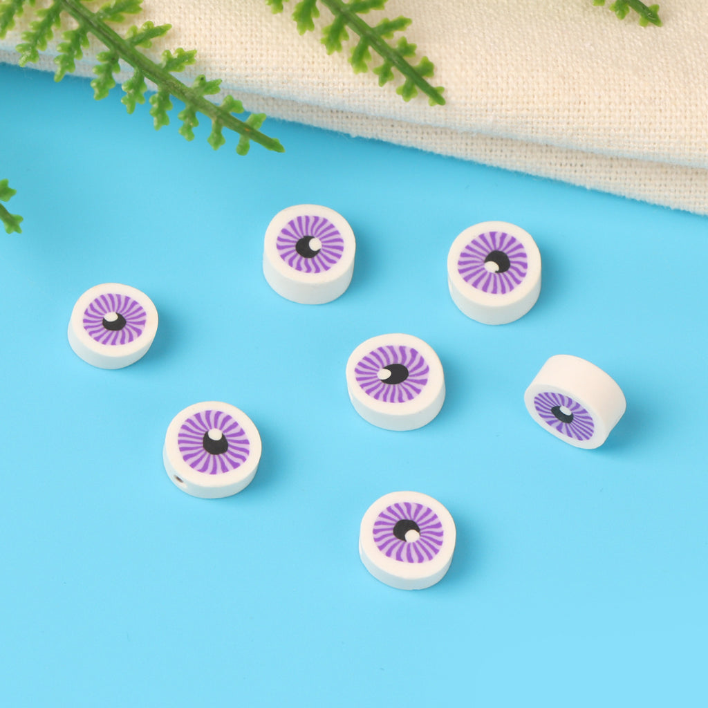 Flat Round Clay Beads 10mm Purple Eyes Pattern Polymer 100pcs 3